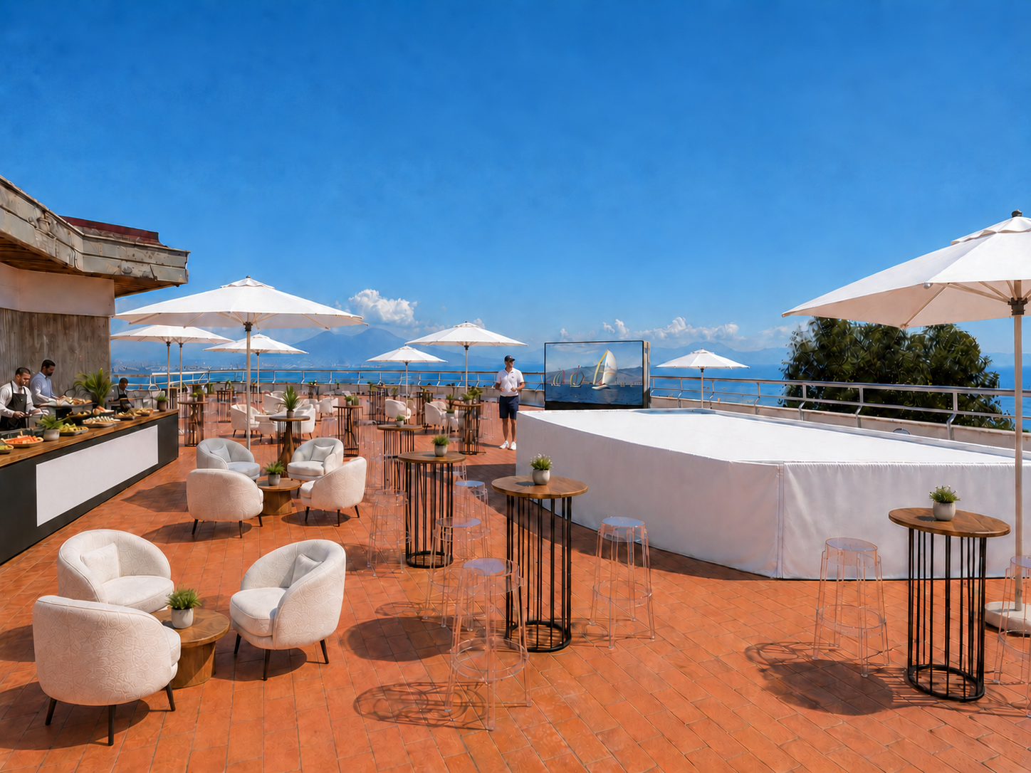 Terrazza panoramica allestita per un evento corporate sul Golfo di Napoli